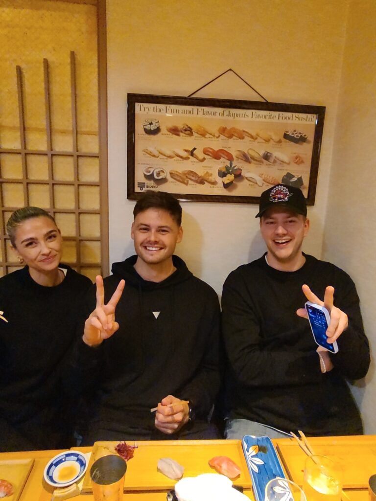 Mike is satisfied after eating sushi